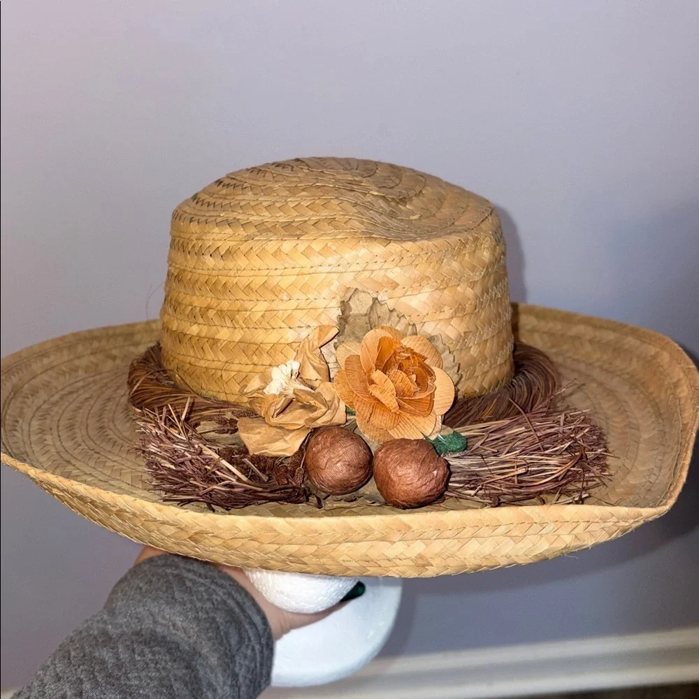 Made in Philippines Straw Wide Brim Hat With Rustic Floral Detail Cottagecore OS
